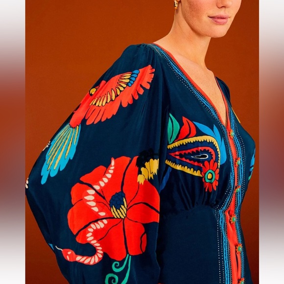 FARM Rio Blue Vintage Forest Midi Dress, Navy Blue Silky Viscose, Large - Picture 4 of 14